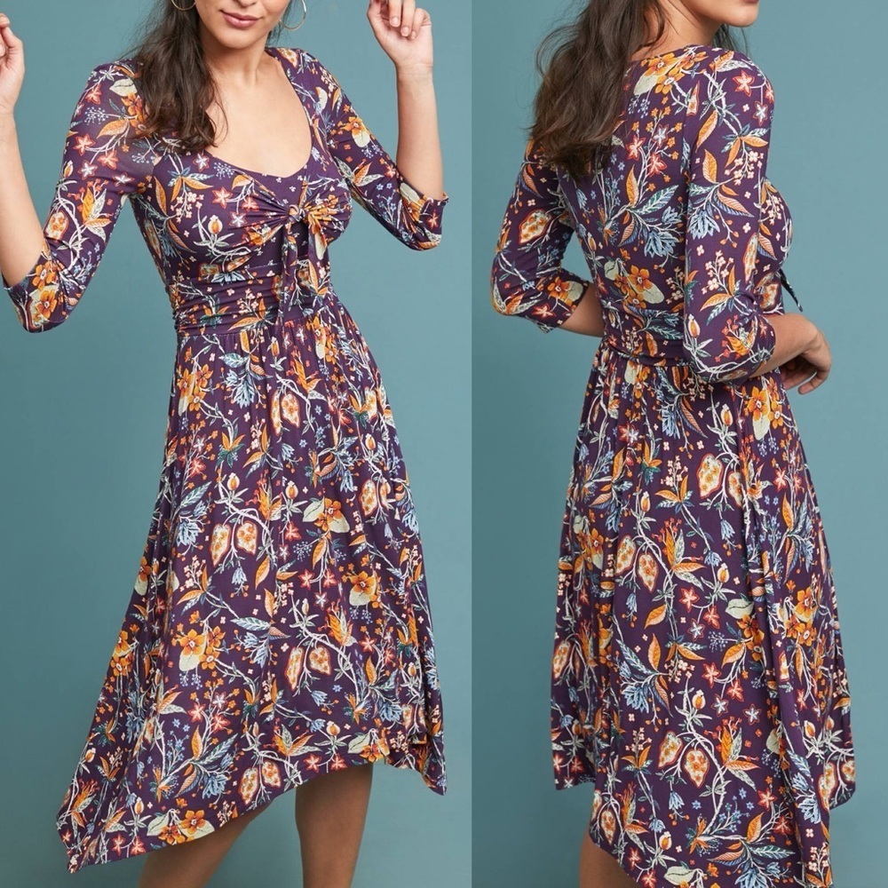 Maeve Anthropologie Beloved Purple Floral Tie Front Midi Dress XS